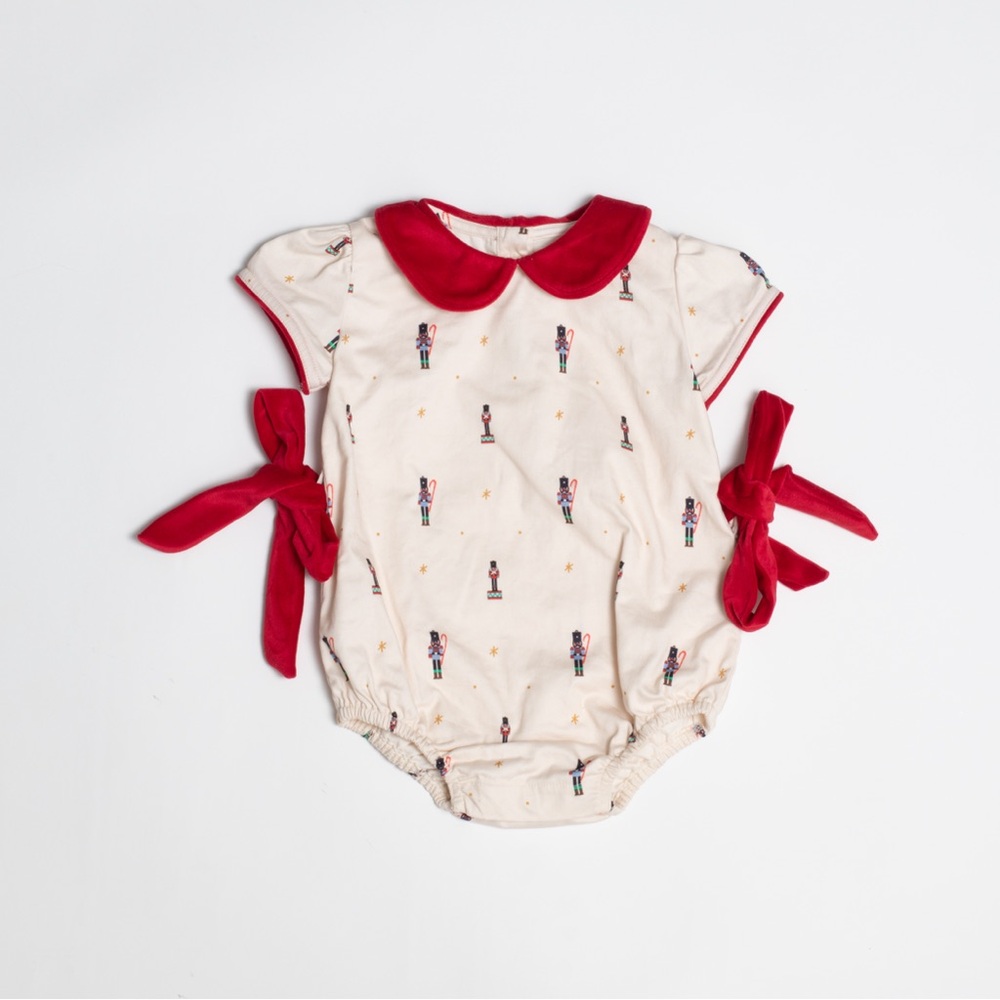 Petite Peony Red Collar Nutcracker Print Baby Bubble Romper